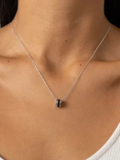 Silver Jewelry|Jewelry|Saint and Sofia Enamel Stripe Charm Necklace - Silver/Black