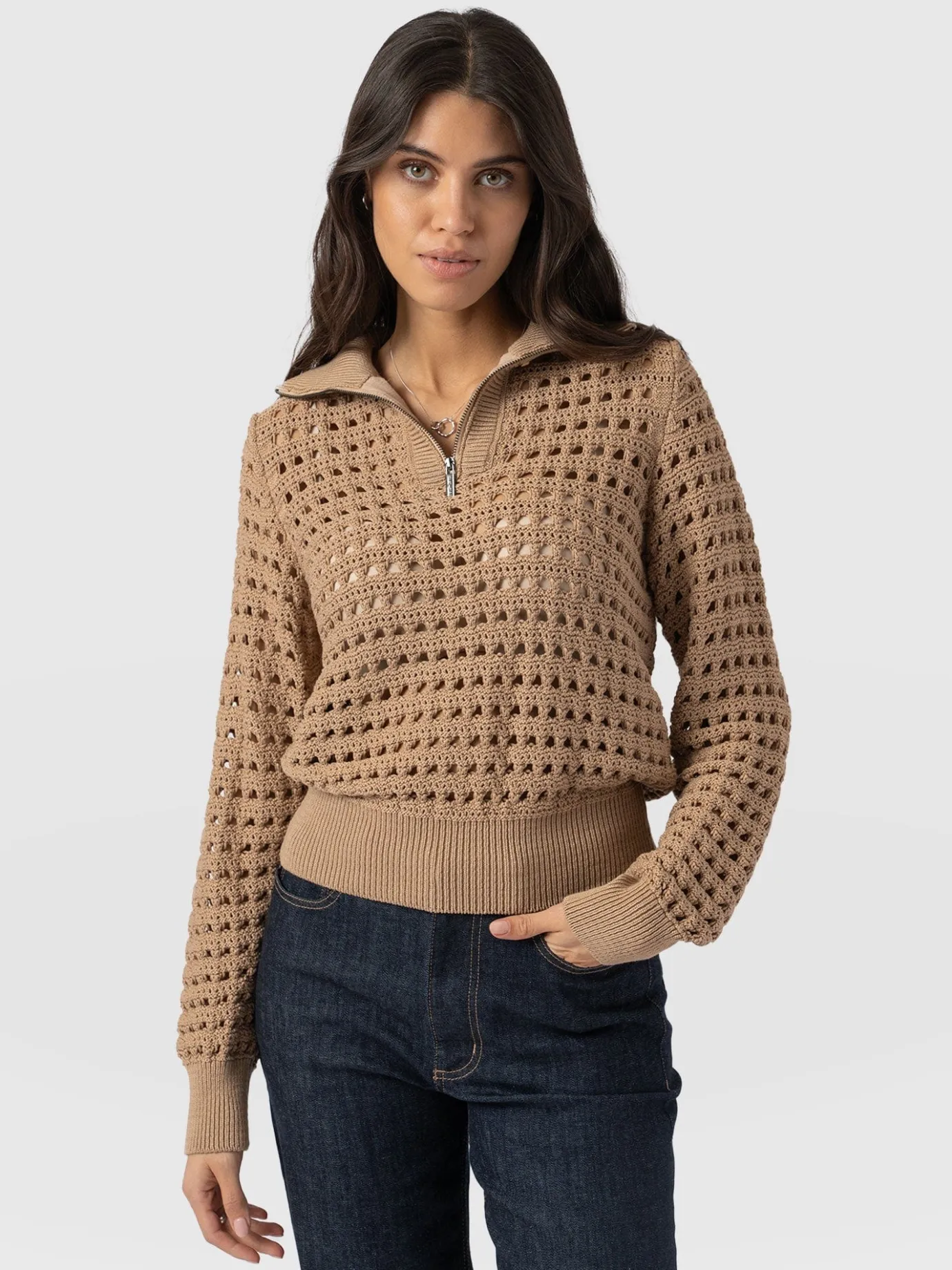 Knitwear|Sweaters|Saint and Sofia Ester Quarter Zip Knit - Camel
