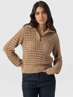 Knitwear|Sweaters|Saint and Sofia Ester Quarter Zip Knit - Camel