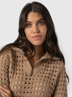 Knitwear|Sweaters|Saint and Sofia Ester Quarter Zip Knit - Camel