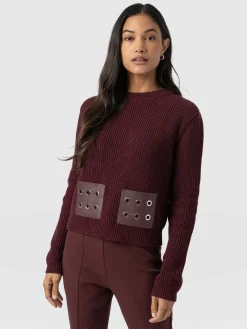 Knitwear|Sweaters|Saint and Sofia Eyelet Rib Knit Sweater - Maroon
