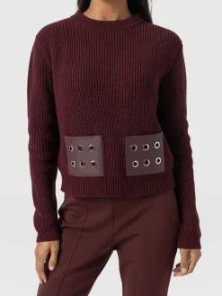 Knitwear|Sweaters|Saint and Sofia Eyelet Rib Knit Sweater - Maroon