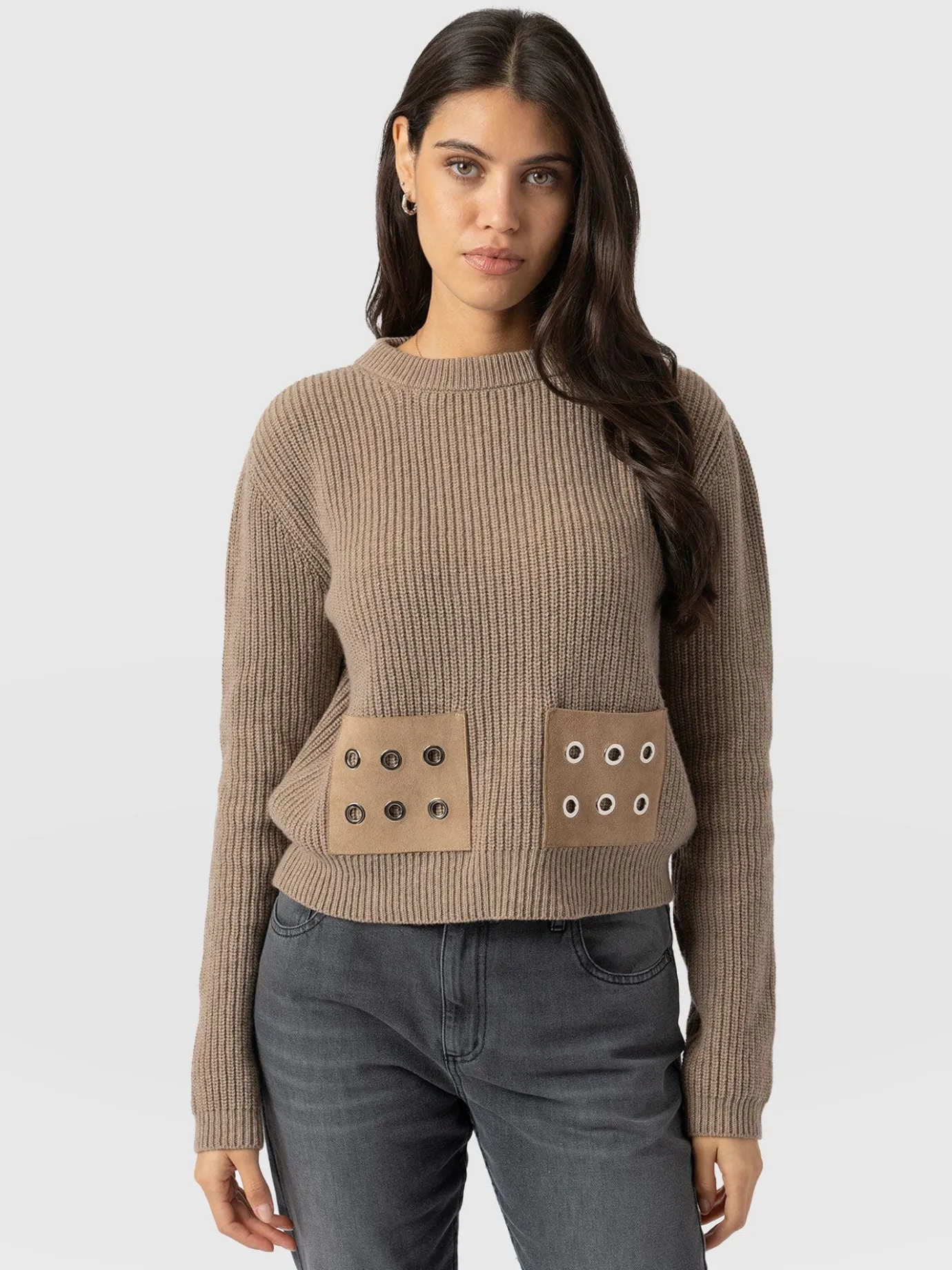 Knitwear|Sweaters|Saint and Sofia Eyelet Rib Knit Sweater - Mocha