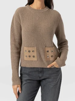 Knitwear|Sweaters|Saint and Sofia Eyelet Rib Knit Sweater - Mocha