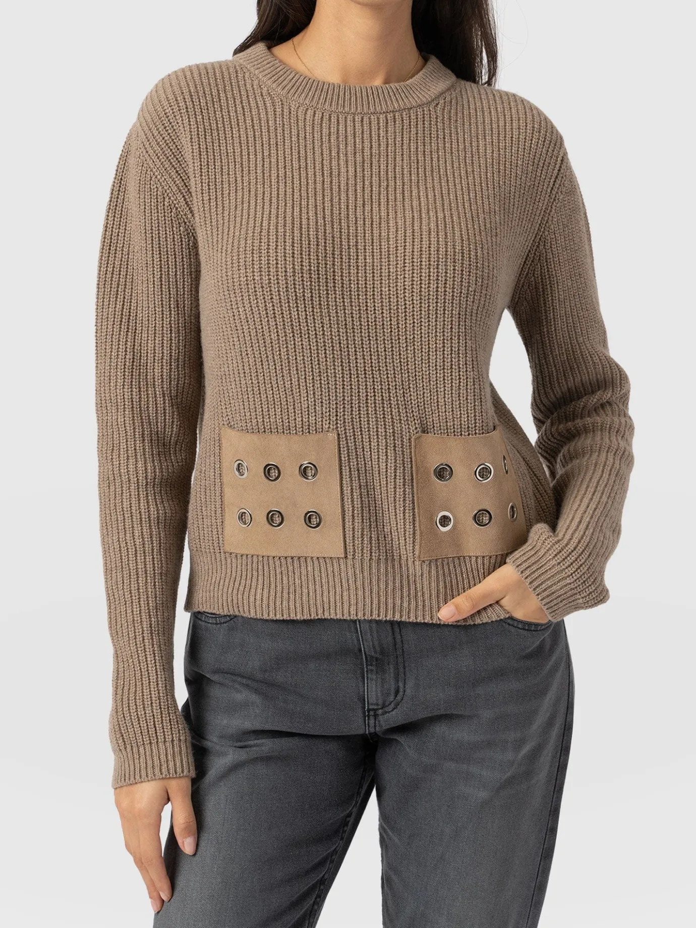Knitwear|Sweaters|Saint and Sofia Eyelet Rib Knit Sweater - Mocha