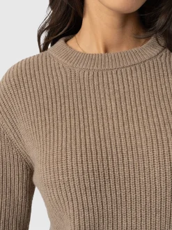 Knitwear|Sweaters|Saint and Sofia Eyelet Rib Knit Sweater - Mocha