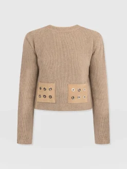 Knitwear|Sweaters|Saint and Sofia Eyelet Rib Knit Sweater - Mocha