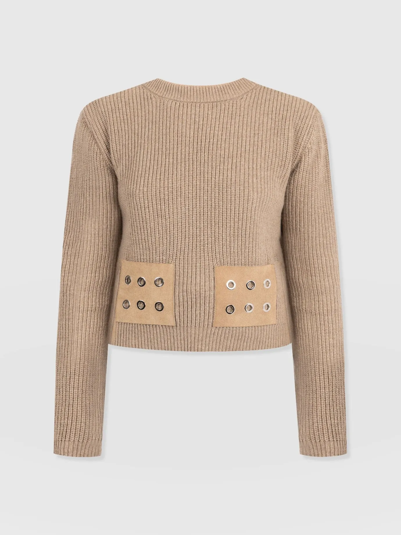 Knitwear|Sweaters|Saint and Sofia Eyelet Rib Knit Sweater - Mocha