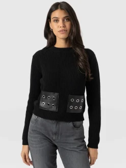 Knitwear|Sweaters|Saint and Sofia Eyelet Rib Knit Sweater - Black