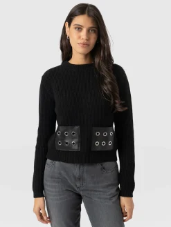 Knitwear|Sweaters|Saint and Sofia Eyelet Rib Knit Sweater - Black