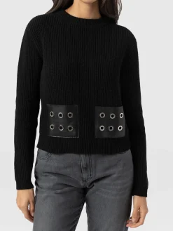 Knitwear|Sweaters|Saint and Sofia Eyelet Rib Knit Sweater - Black