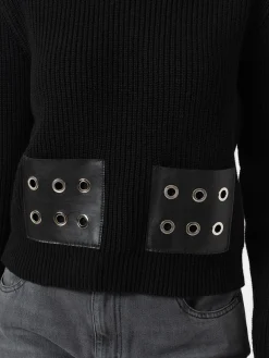 Knitwear|Sweaters|Saint and Sofia Eyelet Rib Knit Sweater - Black