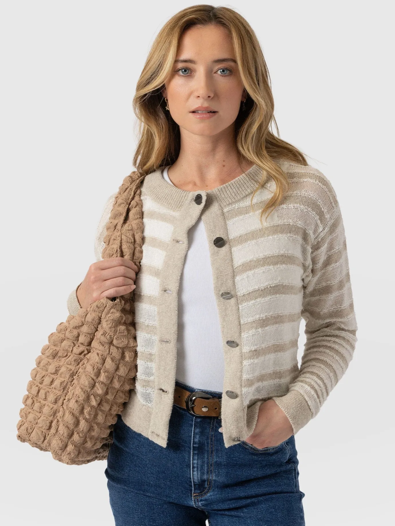 Knitwear|Saint and Sofia Fearne Knit Cardigan - Cream Stripe