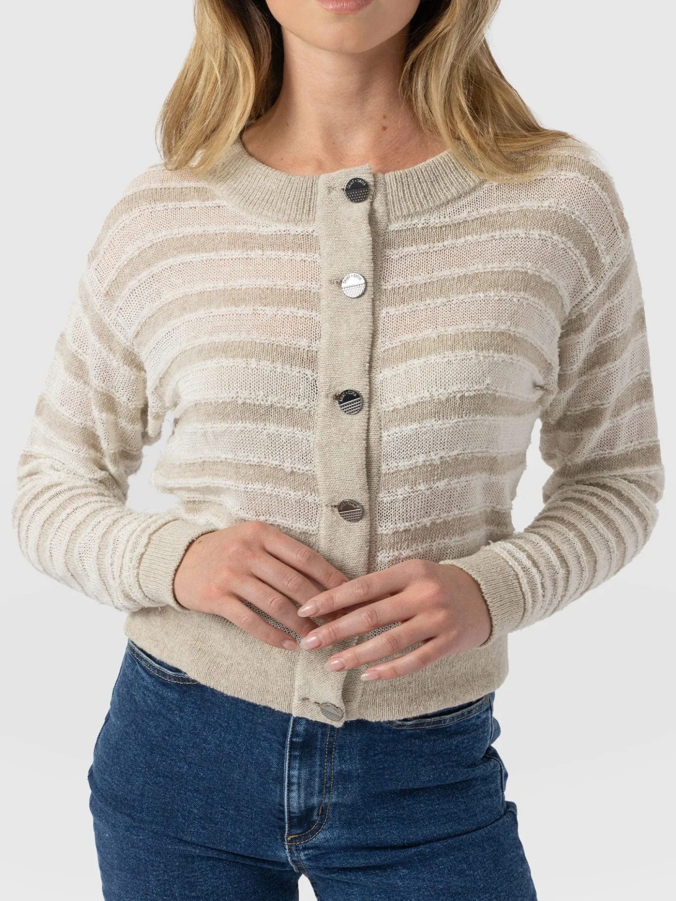 Knitwear|Saint and Sofia Fearne Knit Cardigan - Cream Stripe