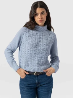Knitwear|Saint and Sofia Glen Cable Knit Sweater - Pale Blue