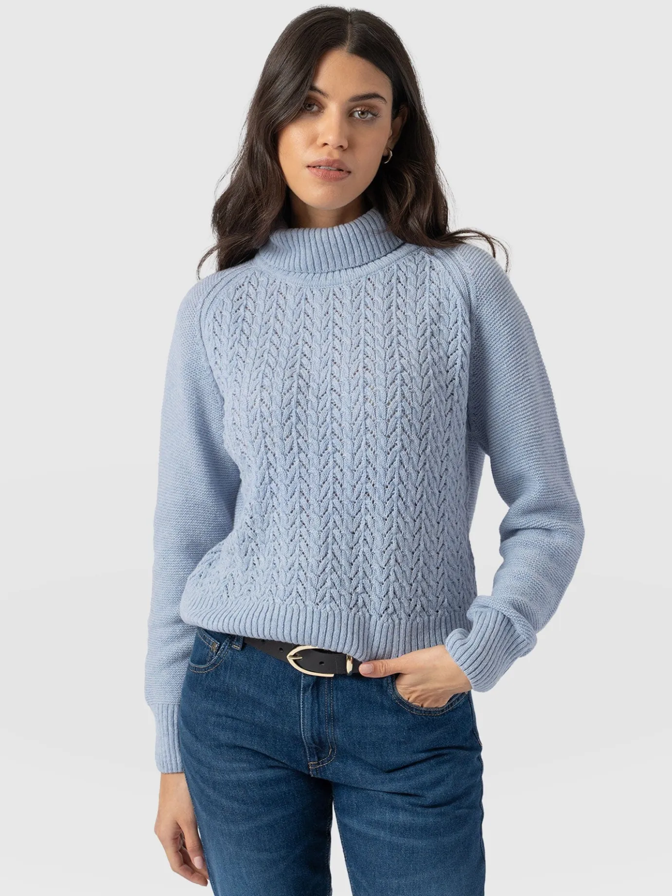 Knitwear|Saint and Sofia Glen Cable Knit Sweater - Pale Blue