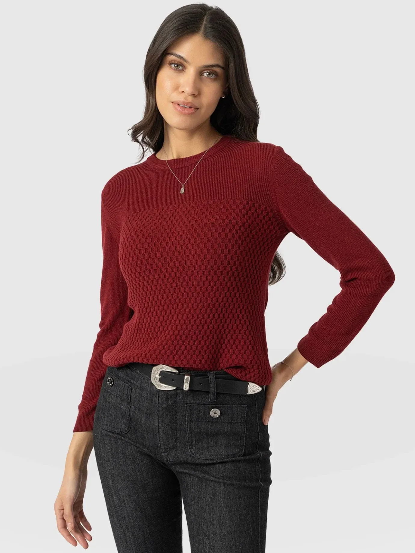 Knitwear|Sweaters|Saint and Sofia Honeycomb Rib Sweater - Burgundy