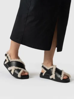 Sandals|Shoes|Saint and Sofia Isla Shearling Sandal - Black