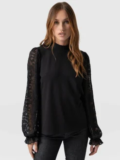 Blouses & Shirts|Saint and Sofia Lace Penny Puff Long Sleeve Top - Black