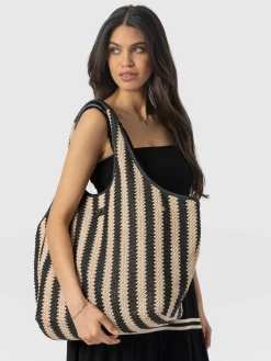 Accessories|Tote Bags|Saint and Sofia Large Stella Shoulder Tote Bag - Beige/Black Raffia