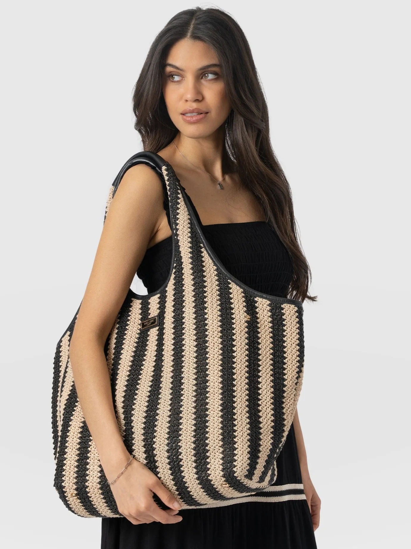 Accessories|Tote Bags|Saint and Sofia Large Stella Shoulder Tote Bag - Beige/Black Raffia