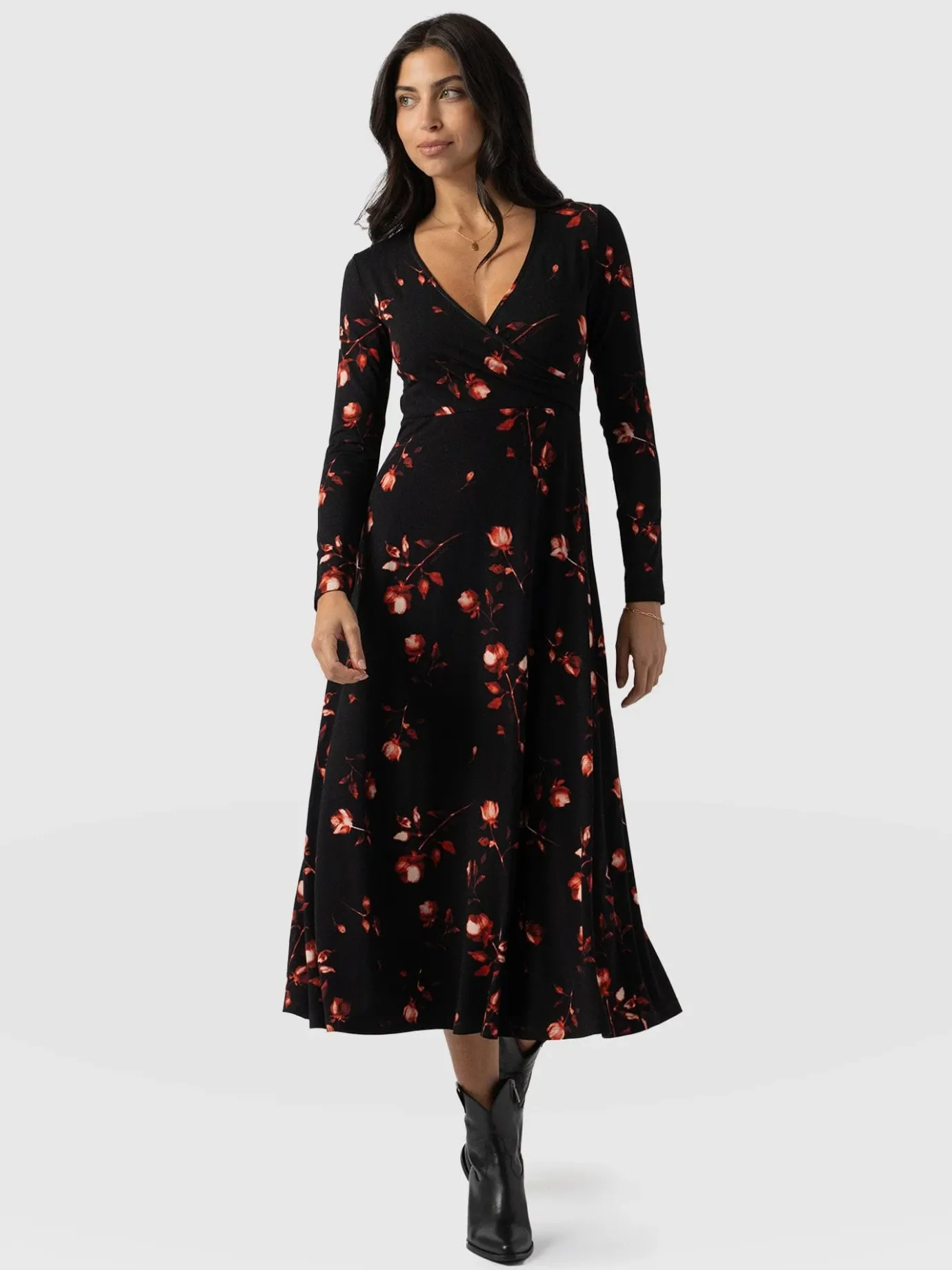 Dresses|Saint and Sofia Maggie Wrap Midi Dress - Dark Roses