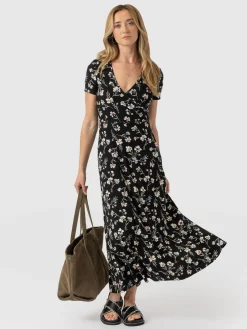 Dresses|Saint and Sofia Maggie Wrap Short Sleeve Midi Dress - Black Spring Floral