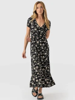 Dresses|Saint and Sofia Maggie Wrap Short Sleeve Midi Dress - Black Spring Floral
