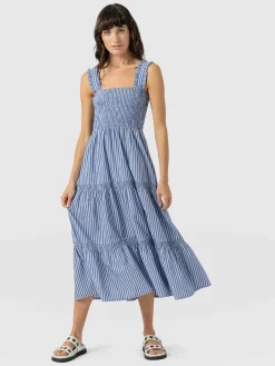 Dresses|Saint and Sofia Maya Shirring Dress - Blue Stripe