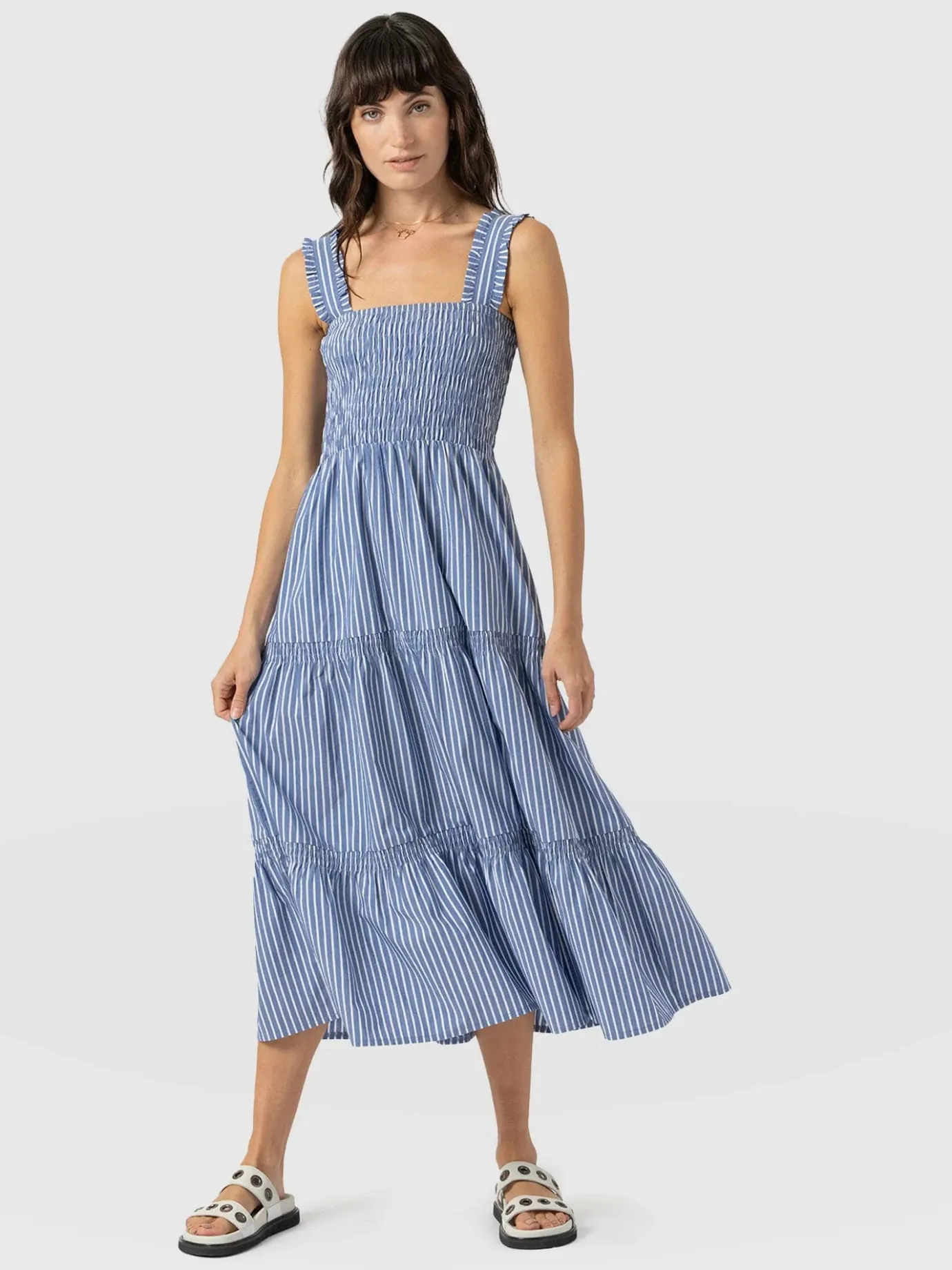 Dresses|Saint and Sofia Maya Shirring Dress - Blue Stripe