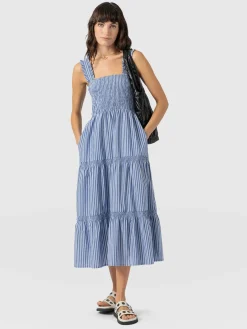 Dresses|Saint and Sofia Maya Shirring Dress - Blue Stripe