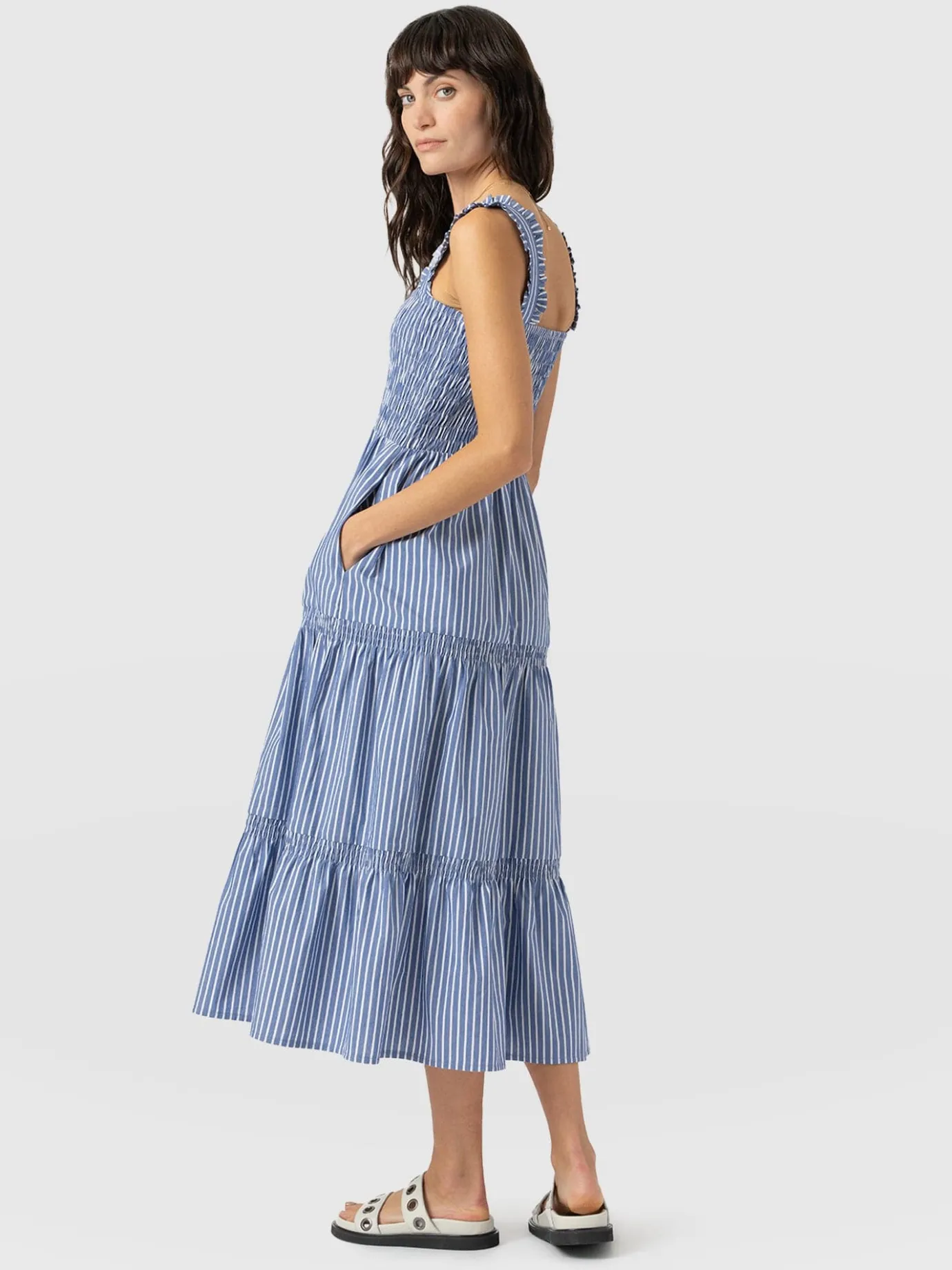 Dresses|Saint and Sofia Maya Shirring Dress - Blue Stripe