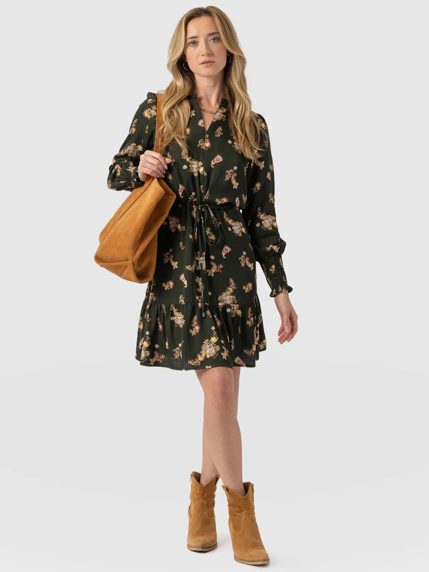 Dresses|Saint and Sofia Mini Olivia Zip Up Dress - Khaki Paisley