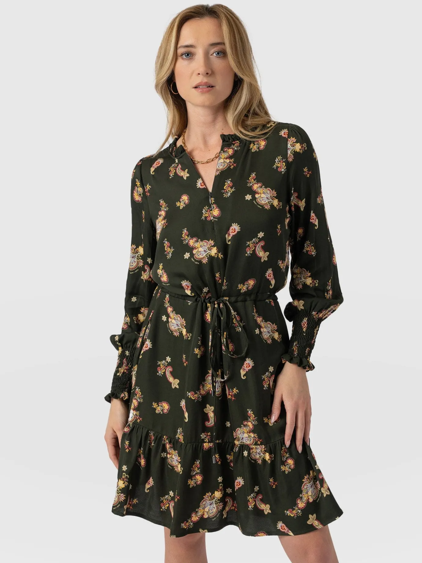 Dresses|Saint and Sofia Mini Olivia Zip Up Dress - Khaki Paisley