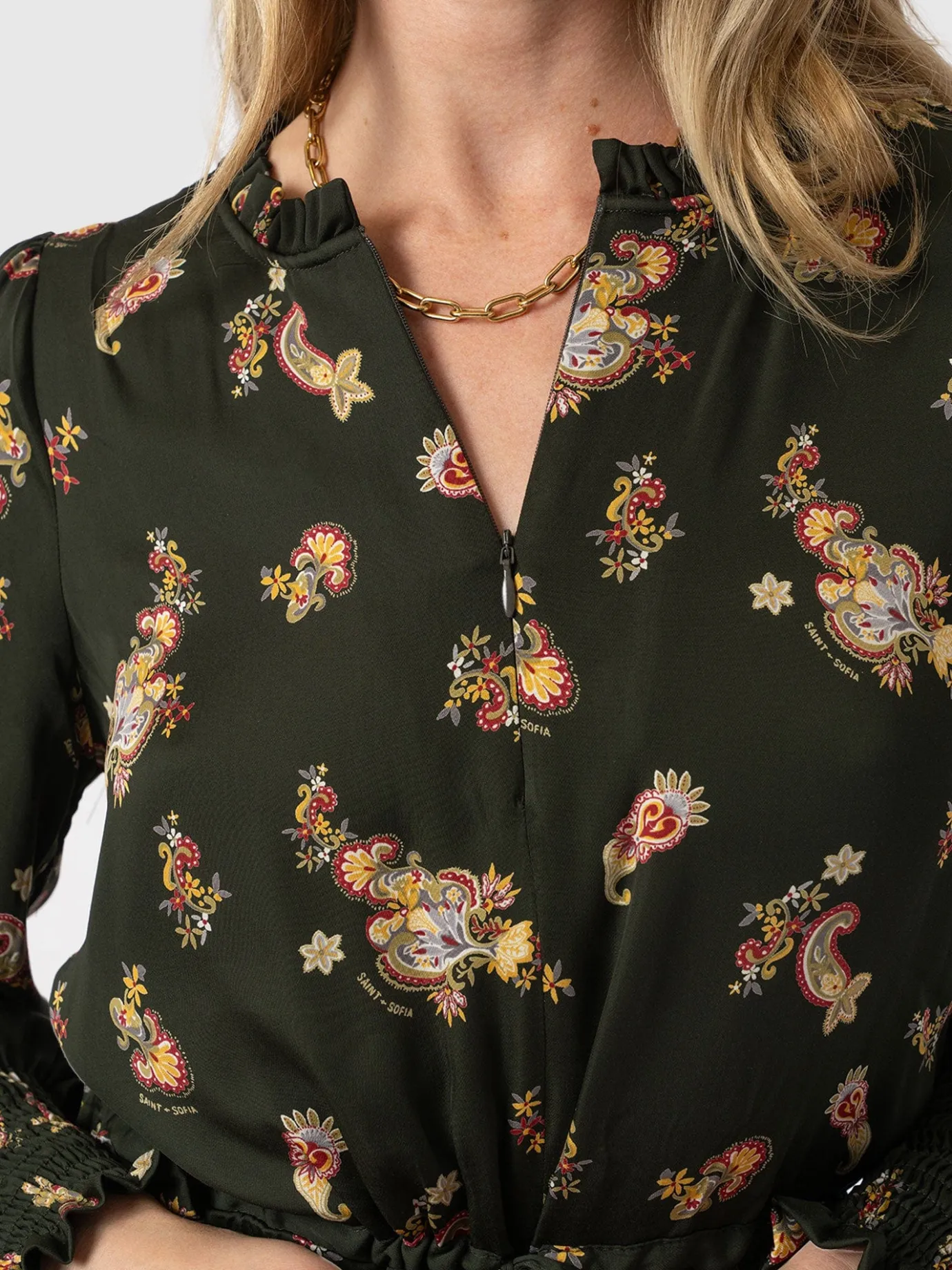 Dresses|Saint and Sofia Mini Olivia Zip Up Dress - Khaki Paisley