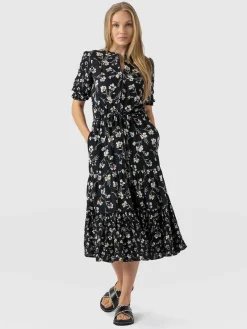 Dresses|Saint and Sofia Olivia Zip Up Short Sleeve Dress - Black Spring Floral