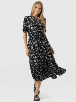 Dresses|Saint and Sofia Olivia Zip Up Short Sleeve Dress - Black Spring Floral