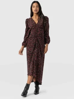 Dresses|Saint and Sofia Paloma Ruched Dress - Red Ditsy Leopard