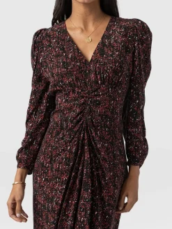 Dresses|Saint and Sofia Paloma Ruched Dress - Red Ditsy Leopard