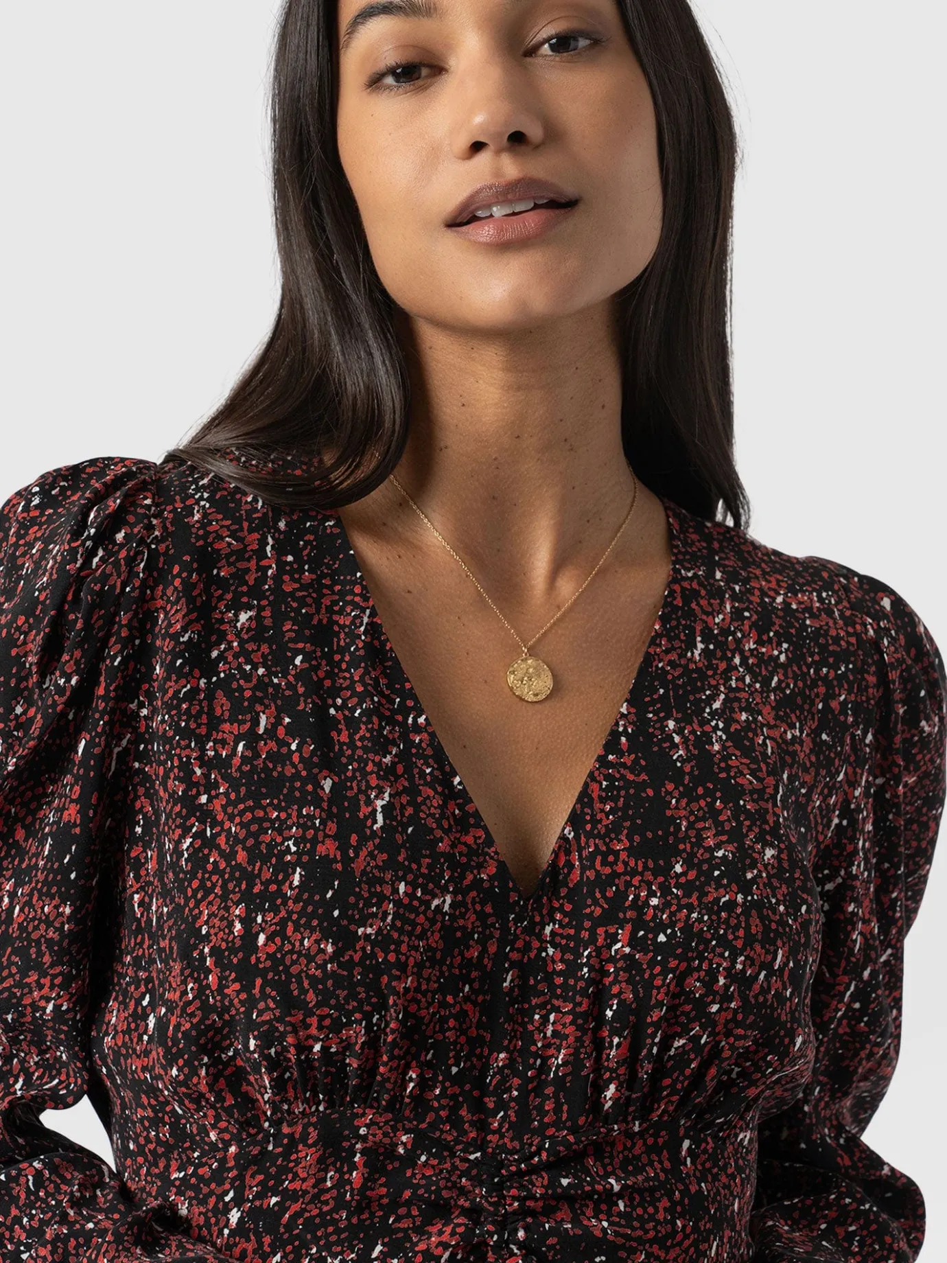 Dresses|Saint and Sofia Paloma Ruched Dress - Red Ditsy Leopard