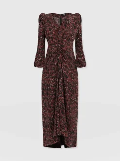 Dresses|Saint and Sofia Paloma Ruched Dress - Red Ditsy Leopard