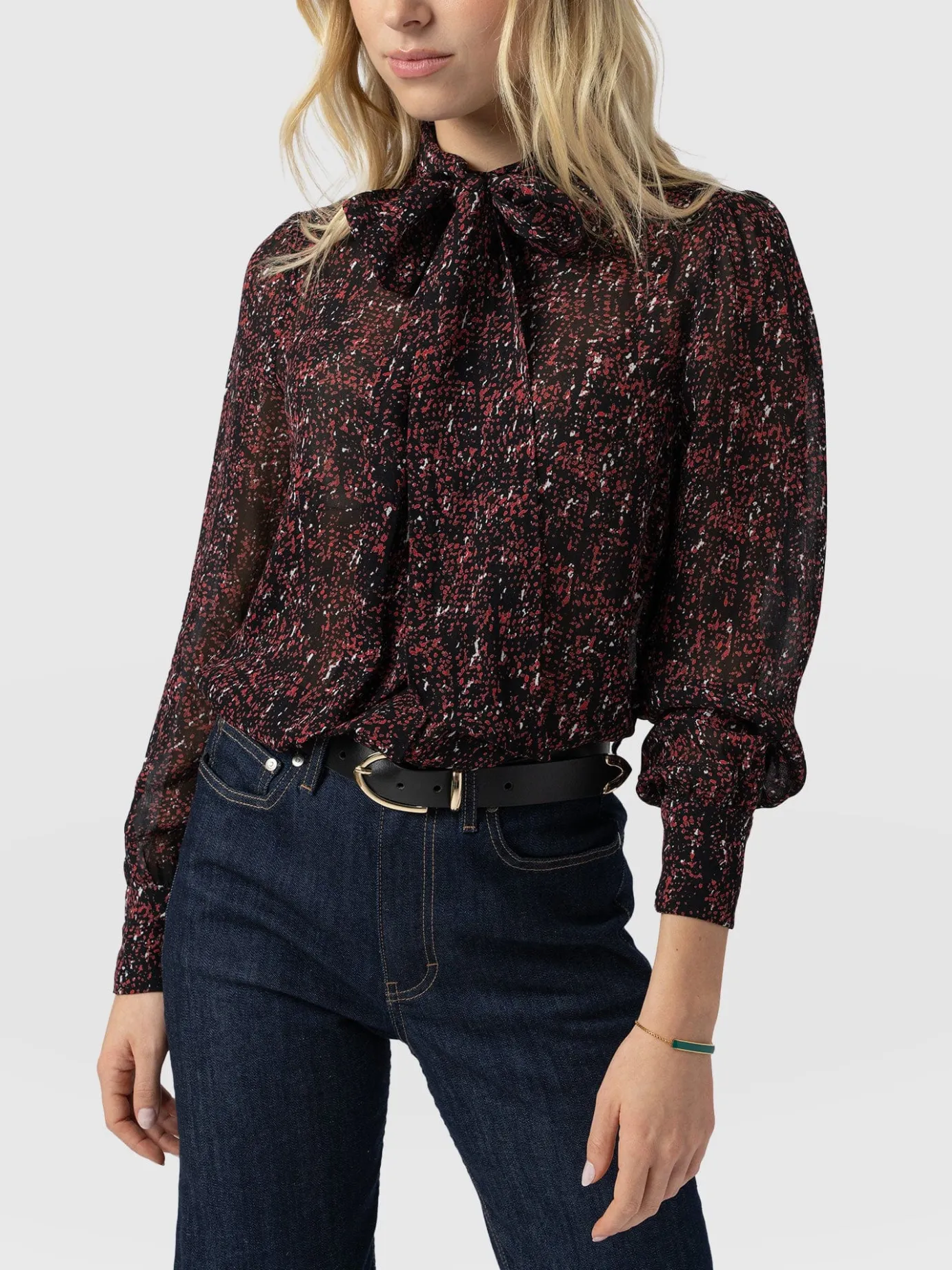 Blouses & Shirts|Saint and Sofia Paxton Pussybow Blouse - Red Ditsy Leopard