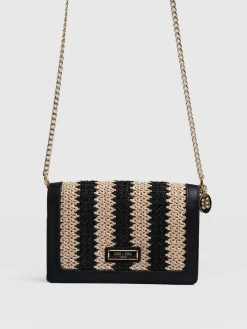 Cross Body Bags|Saint and Sofia Primrose Wallet on Chain - Beige/Black Raffia