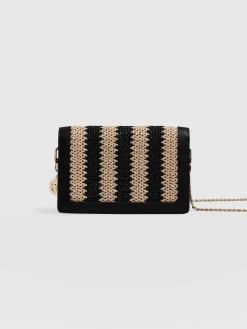 Cross Body Bags|Saint and Sofia Primrose Wallet on Chain - Beige/Black Raffia