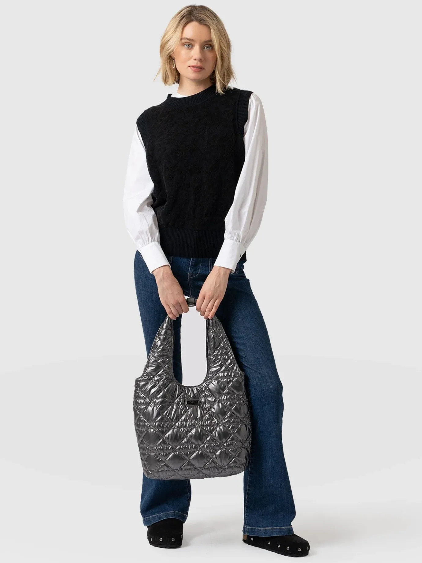 Shoulder Bags|Tote Bags|Saint and Sofia Quilted Stella Shoulder Tote Bag - Gunmetal