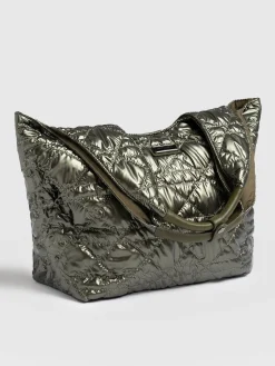 Shoulder Bags|Tote Bags|Saint and Sofia Quilted Stella Shoulder Tote Bag - Metallic Khaki
