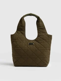 Shoulder Bags|Nylon Bags|Saint and Sofia Quilted Stella Shoulder Tote Bag - Khaki
