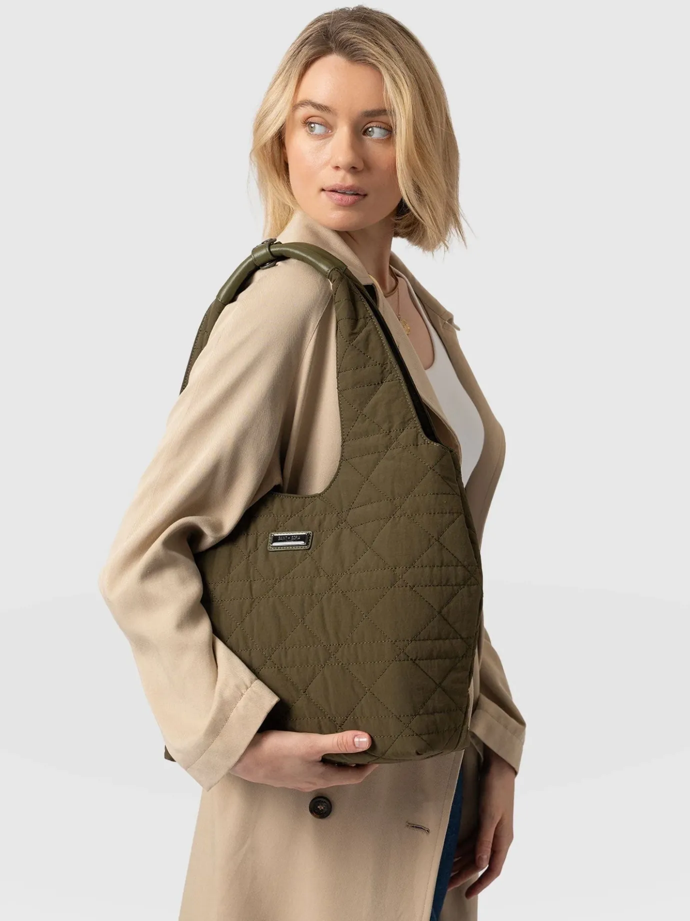 Shoulder Bags|Nylon Bags|Saint and Sofia Quilted Stella Shoulder Tote Bag - Khaki