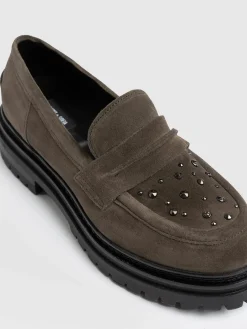 Shoes|Leather|Saint and Sofia Raine Studded Loafer - Taupe Suede