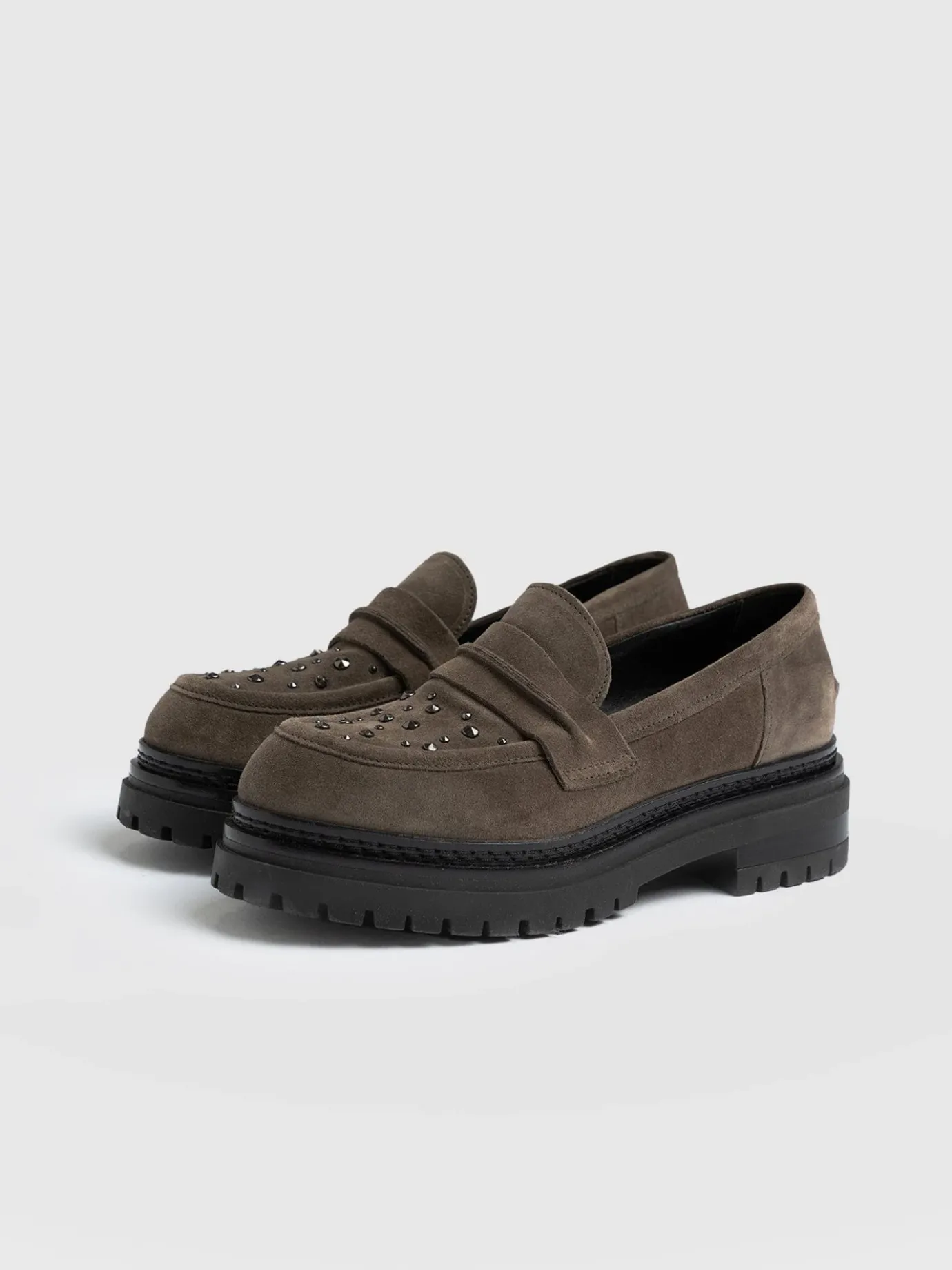 Shoes|Leather|Saint and Sofia Raine Studded Loafer - Taupe Suede